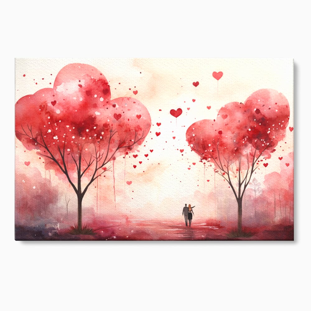 Tablou canvas cu tablou canvas cuplu sub copaci in forma de inima, fara rama, pe sasiu de lemn